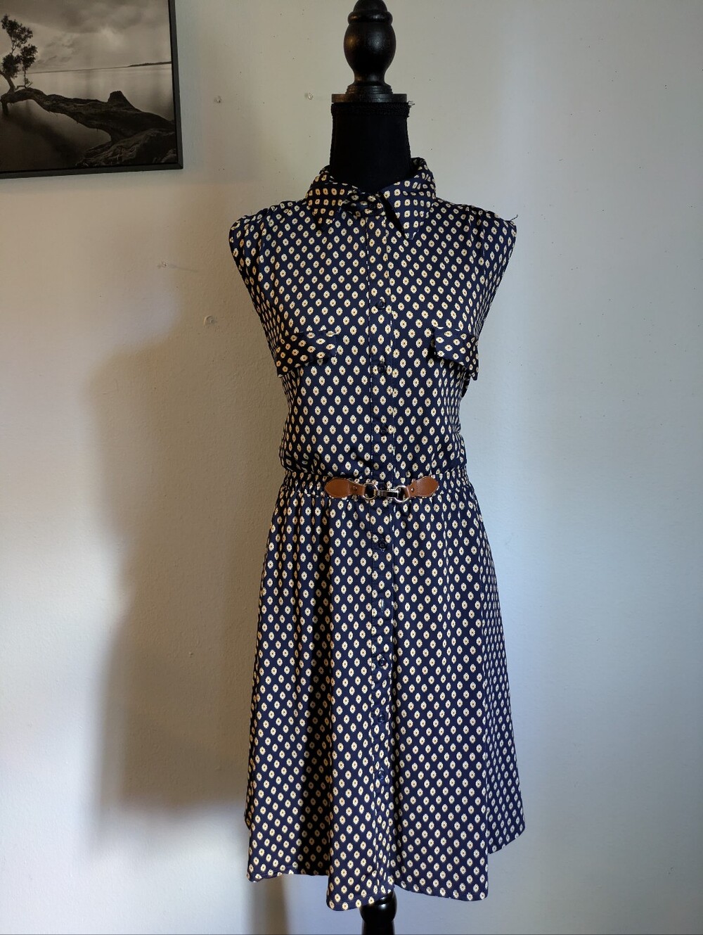 Indigo Rose Geometric Print Shirt Dress with Belt - Size Large